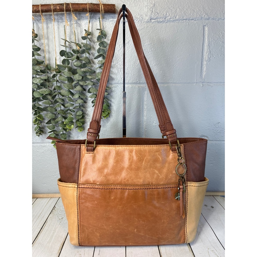 The Sak Sequoia Tote Bag Tri-Tone Leather Brown Colorblock Shoulder Bag ZB0544